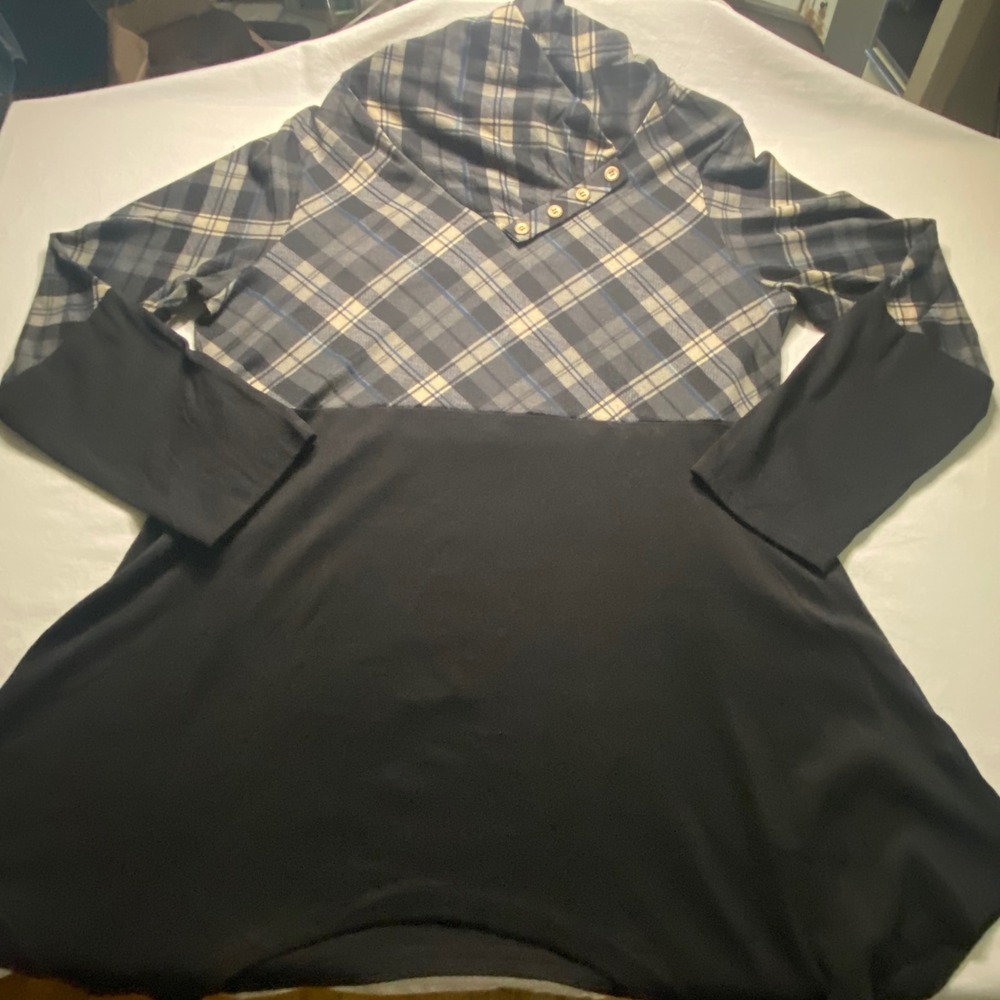 Miusey Women Plaid Cowl Neck Tunic Top Long Sleeve Button Trim Black Gray 2XL